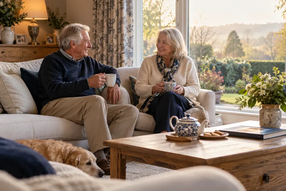 A couple relaxing with tea in their living room, their dog asleep nearby