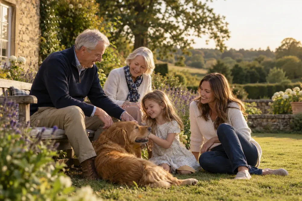 Grandparents, mother and young daughter with their dog in the garden