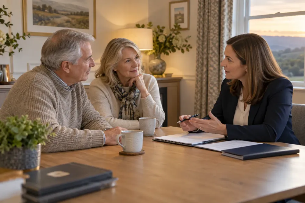 An adviser talking through options with a couple at their dining table